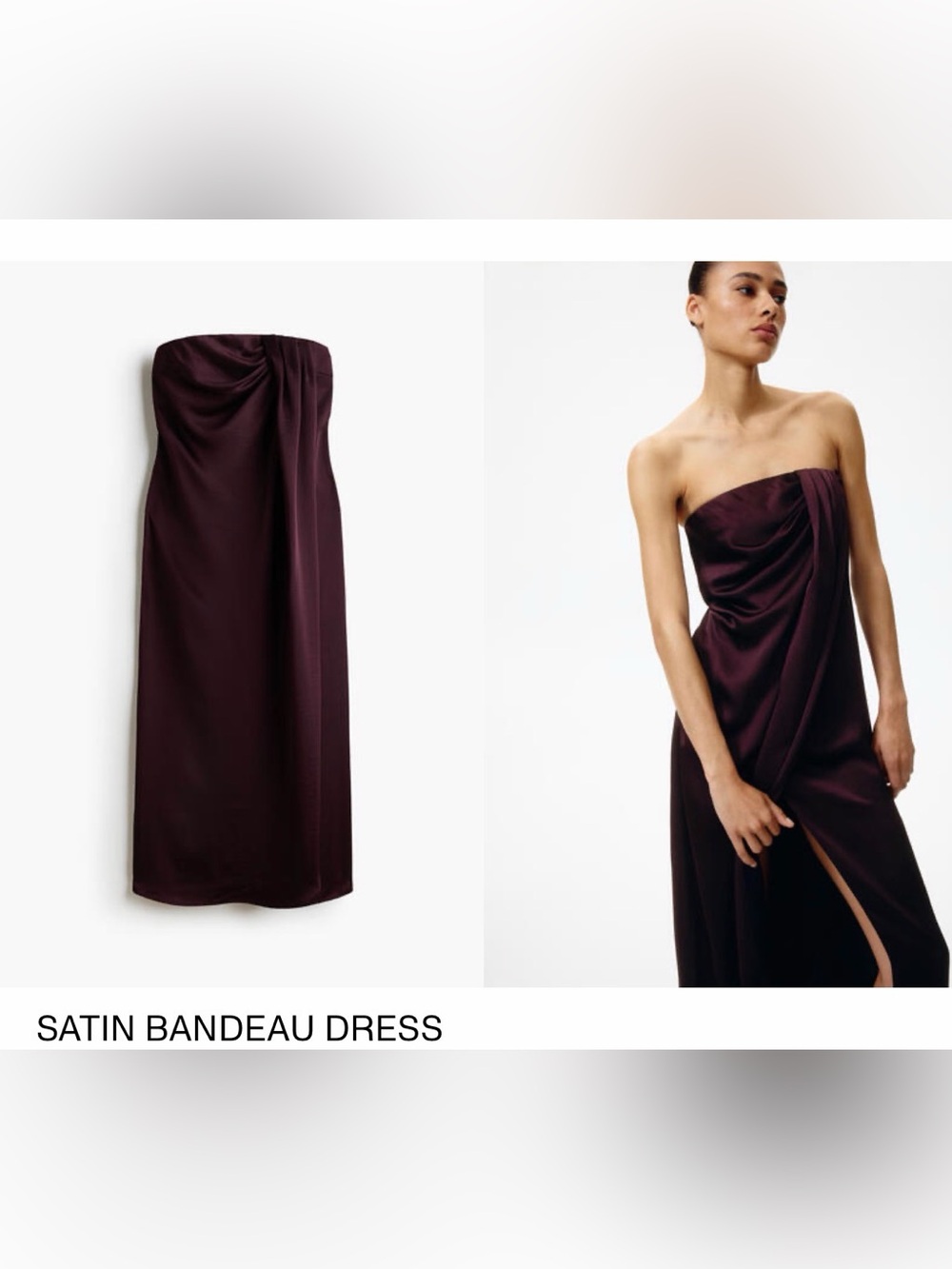 H&M Satin Strapless Bandeau Dress in Deep Plum